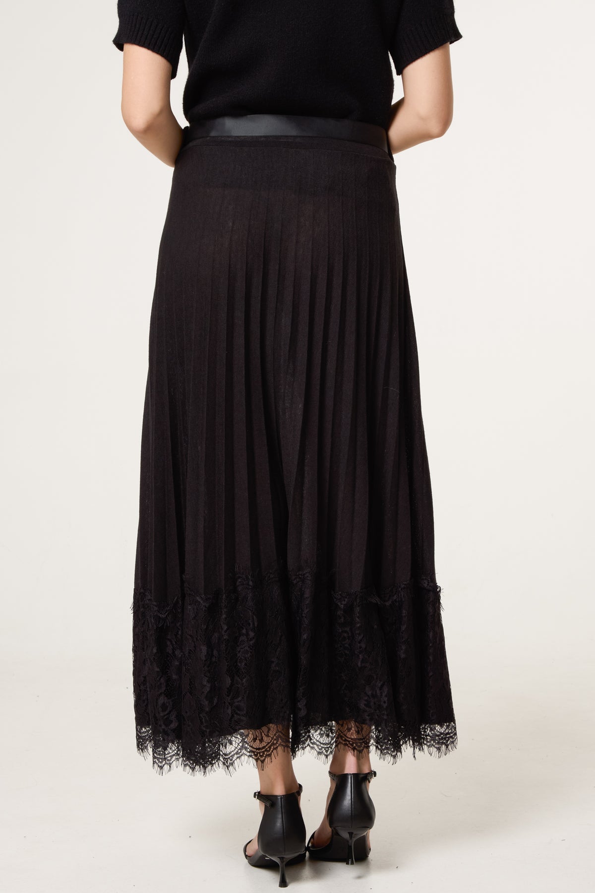 Pleated Wool Blend Lace Trim Skirt