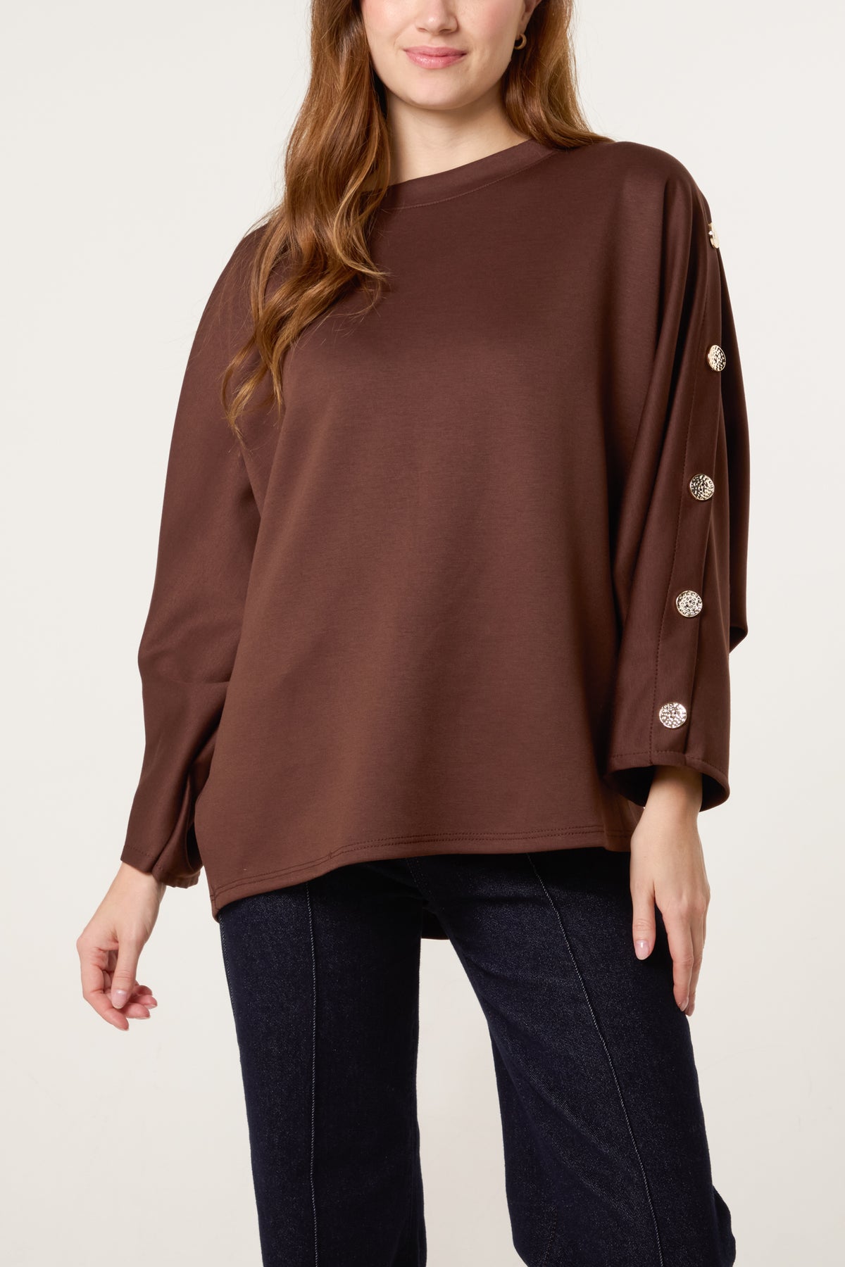 Button Detail Batwing Sweatshirt