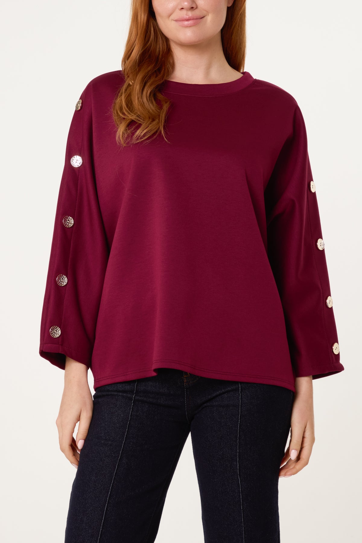 Button Detail Batwing Sweatshirt