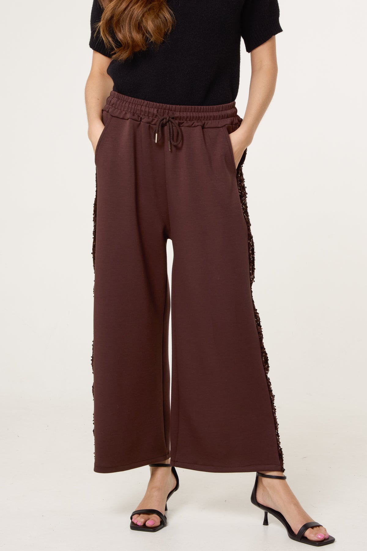 Sequin Velvet Trim Wide Leg Trousers