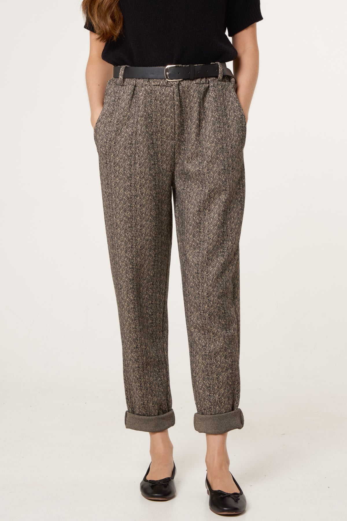 Belted Herringbone Trousers