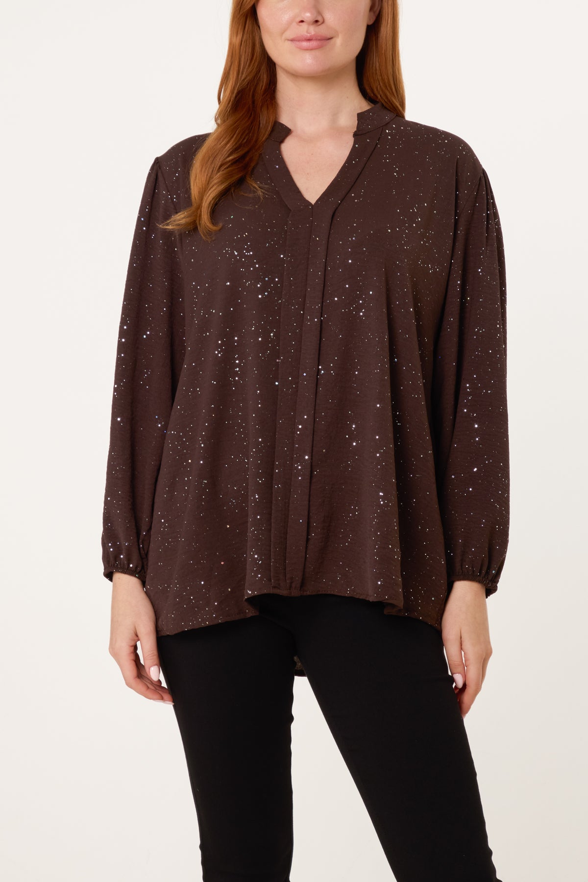 Metallic Glitter Collarless V-Neck Blouse