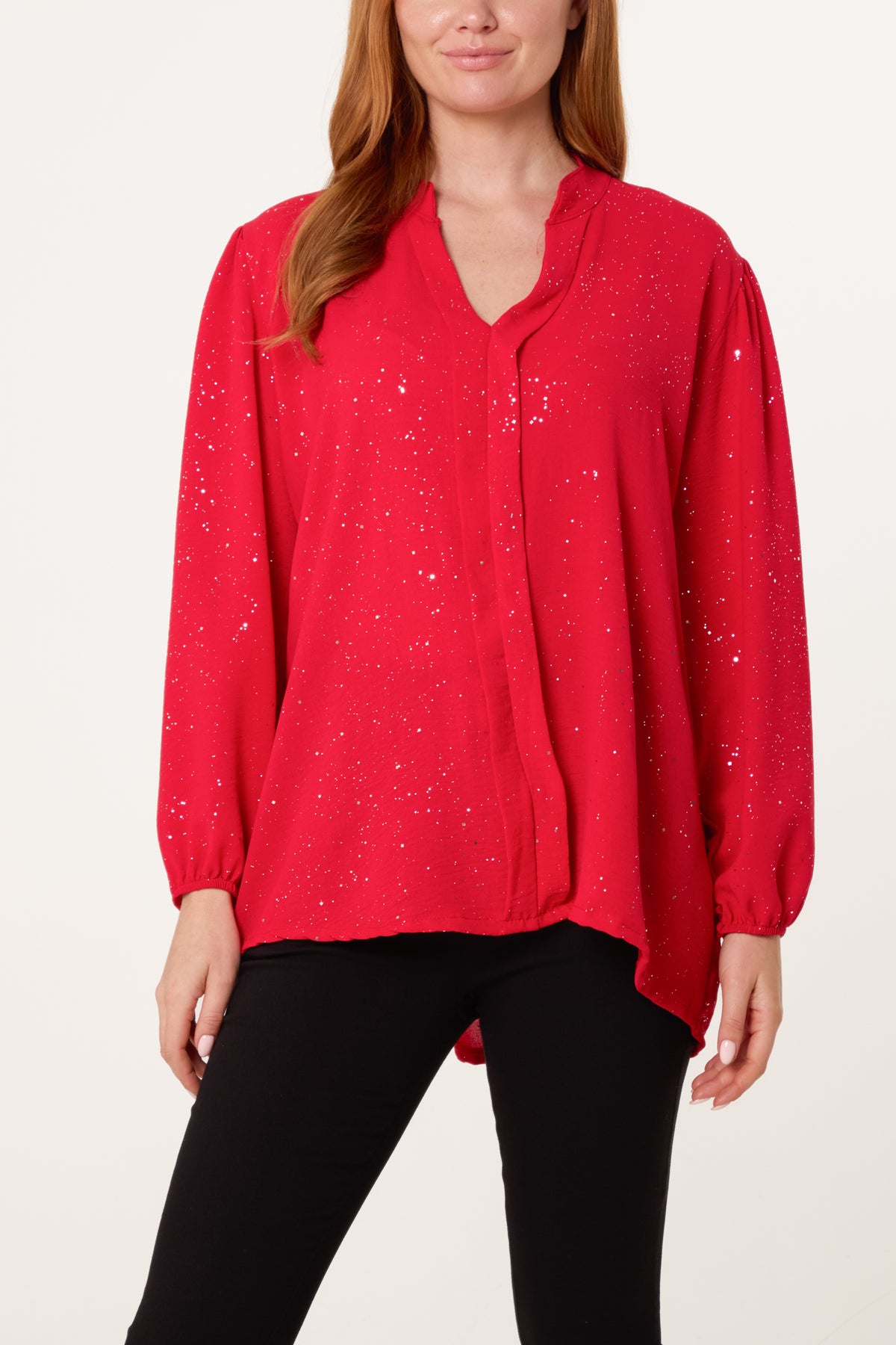 Metallic Glitter Collarless V-Neck Blouse