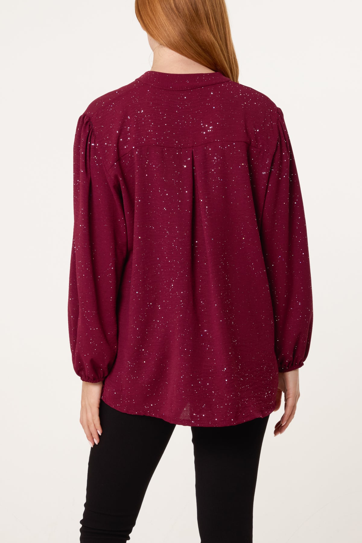 Metallic Glitter Collarless V-Neck Blouse