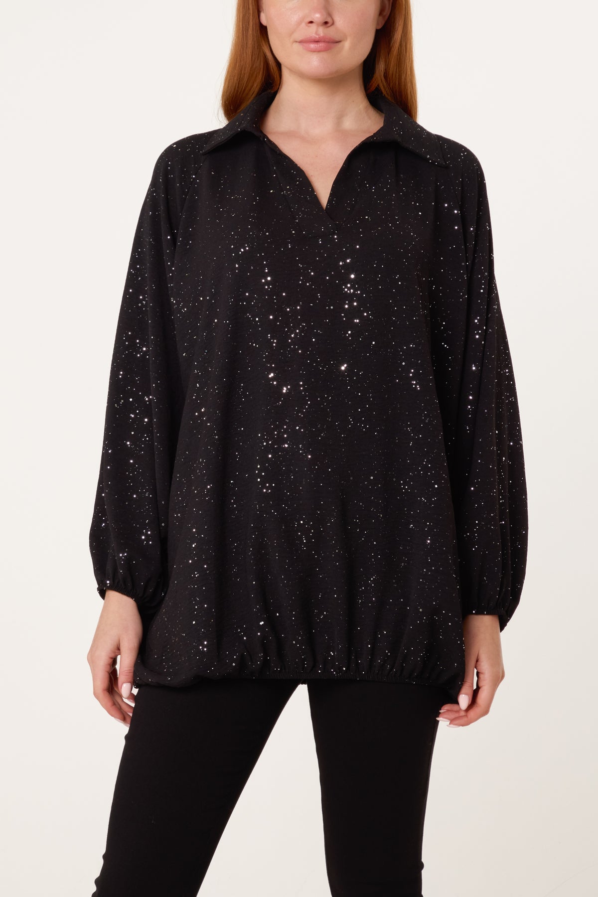 Metallic Glitter Collar Blouse