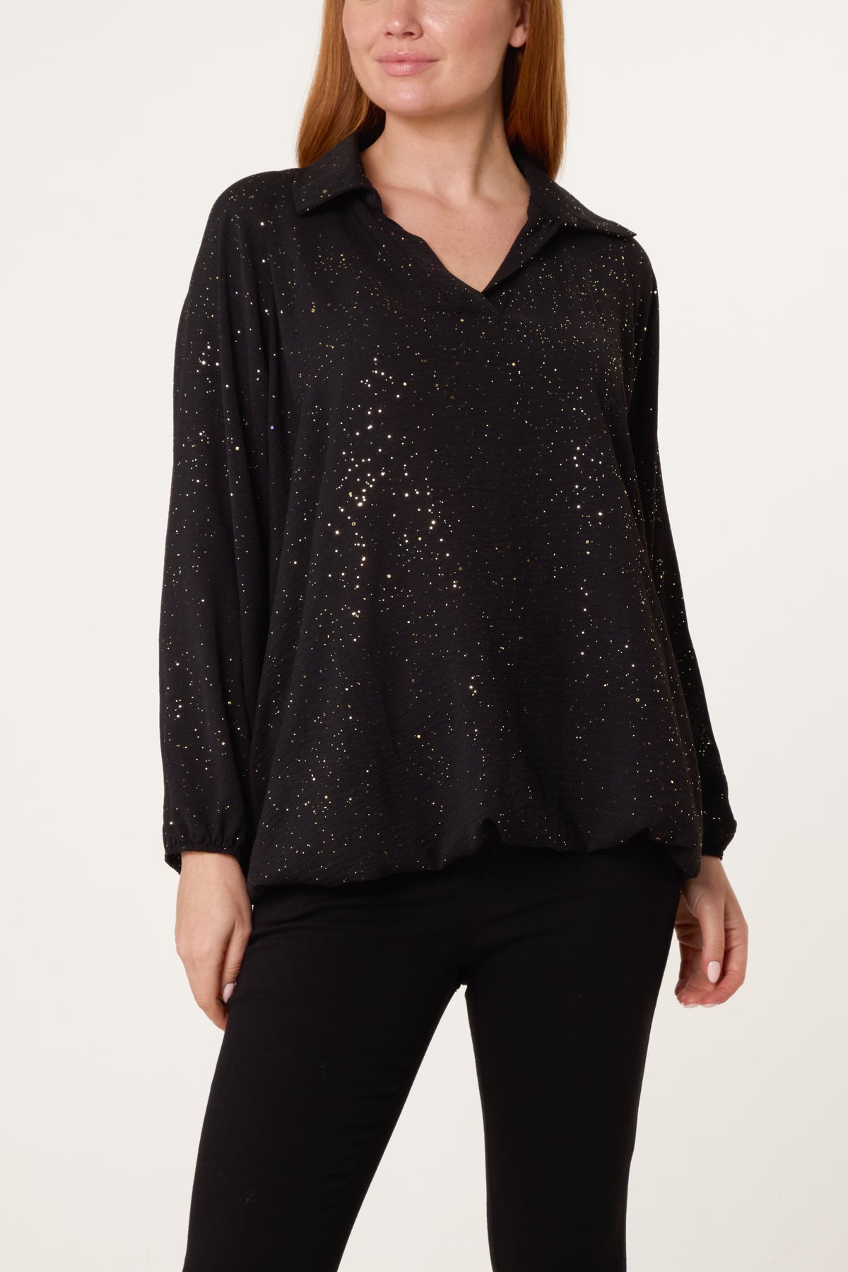 Metallic Glitter Collar Blouse