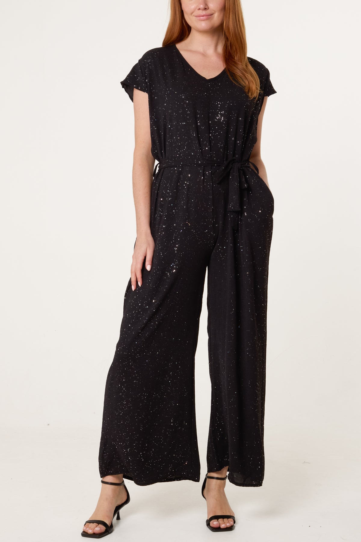 Metallic Glitter Belted Long Jumpsuit