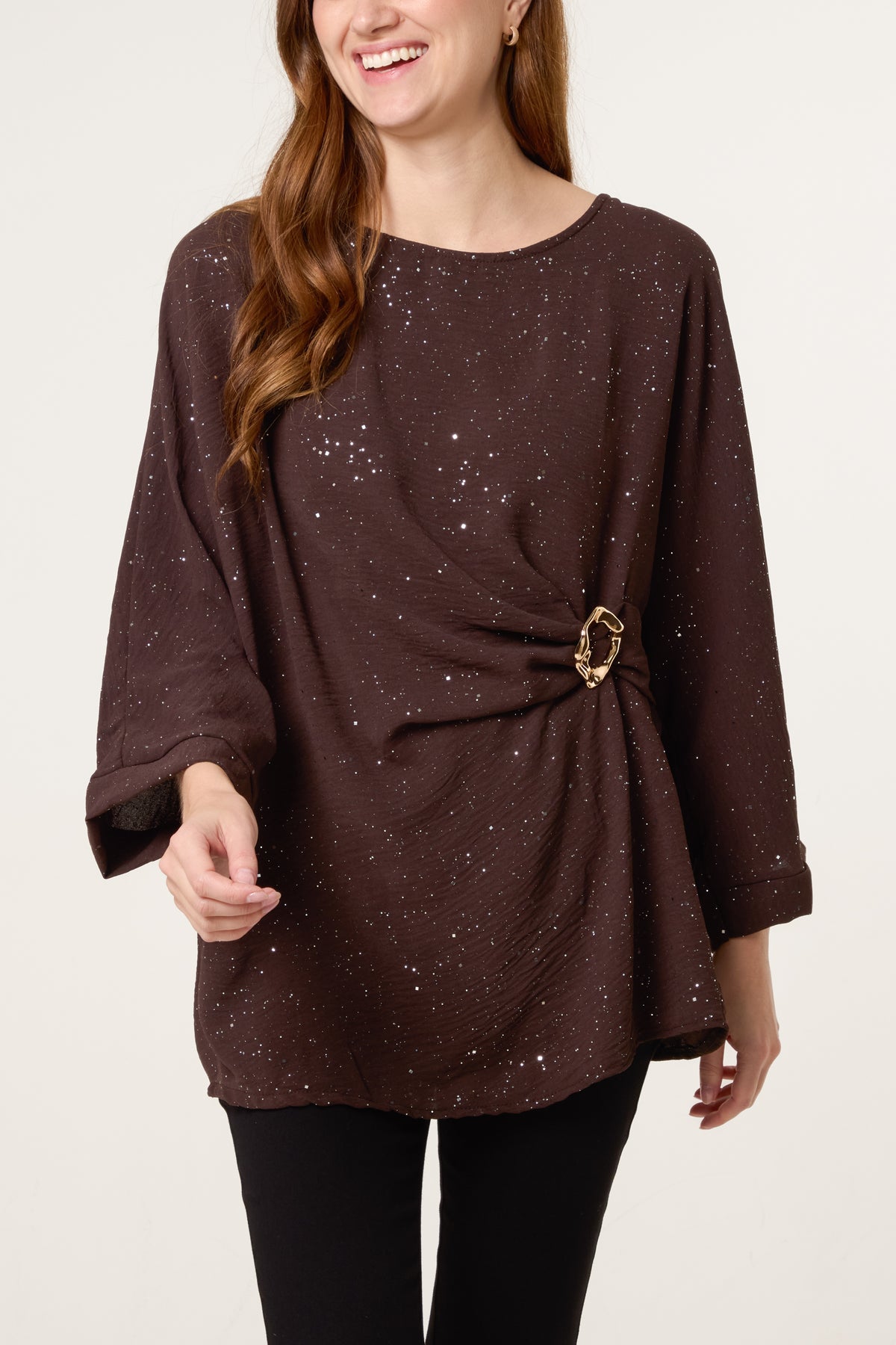 Metallic Glitter Side Gathered Blouse