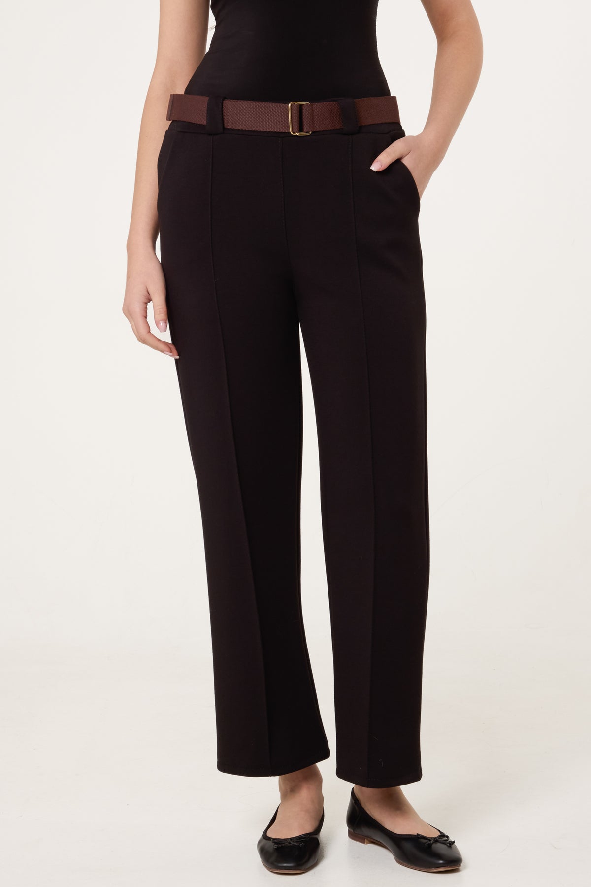 Belted Front Crease Straight Leg Trouser