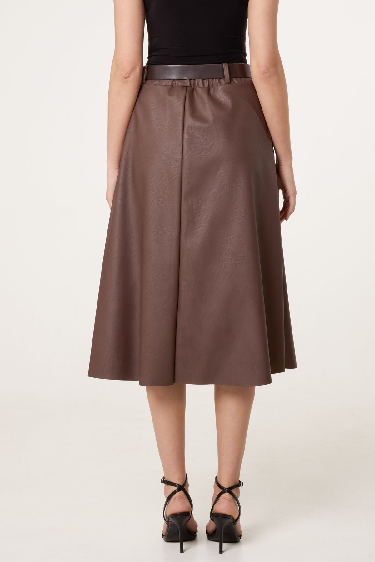 Belted Leather Like Swing Skirt