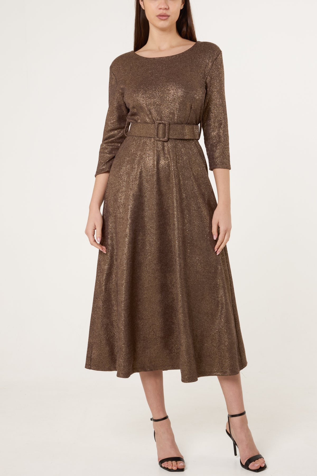 Shimmer Knit Belted Midi Dress