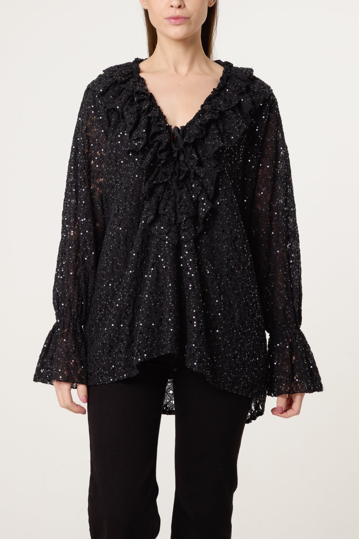 Ruffle Neck Sequin Lace Blouse