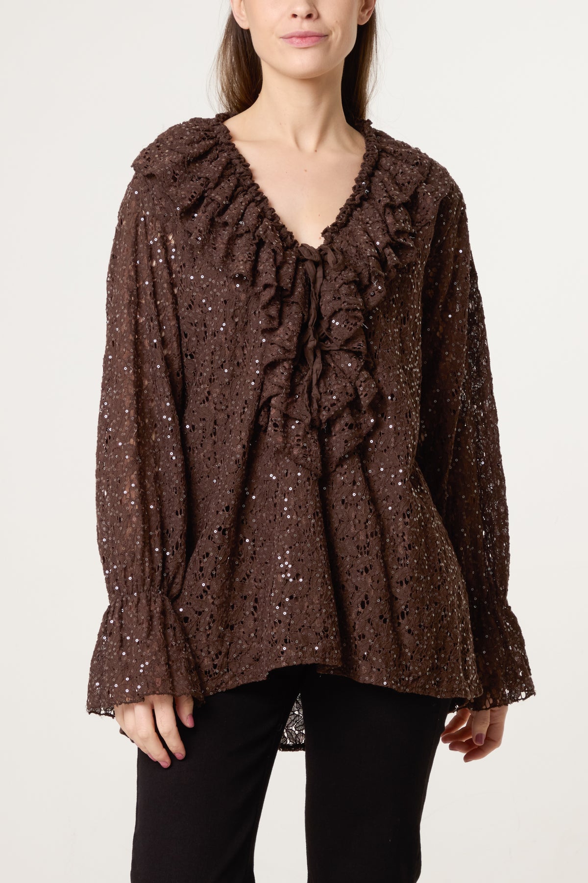 Ruffle Neck Sequin Lace Blouse