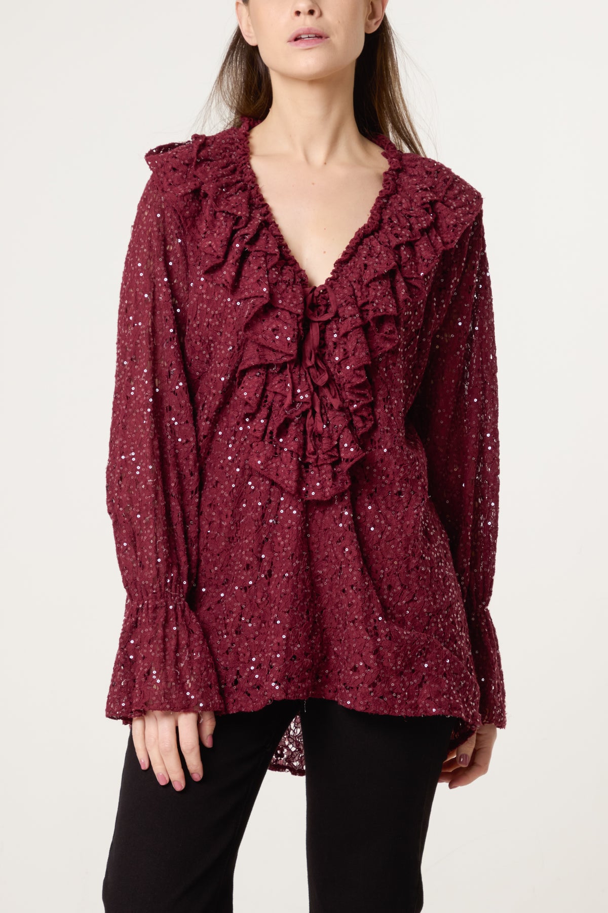 Ruffle Neck Sequin Lace Blouse