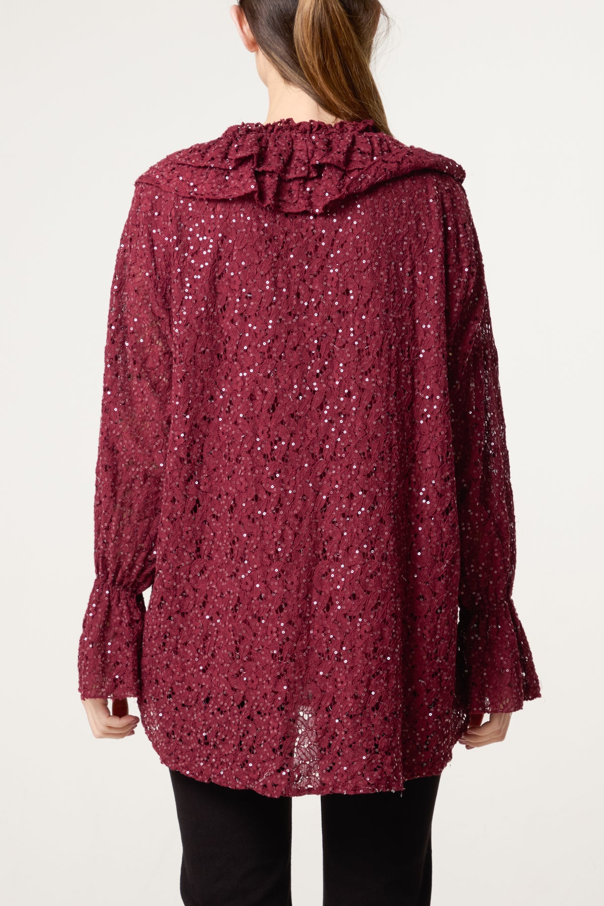 Ruffle Neck Sequin Lace Blouse