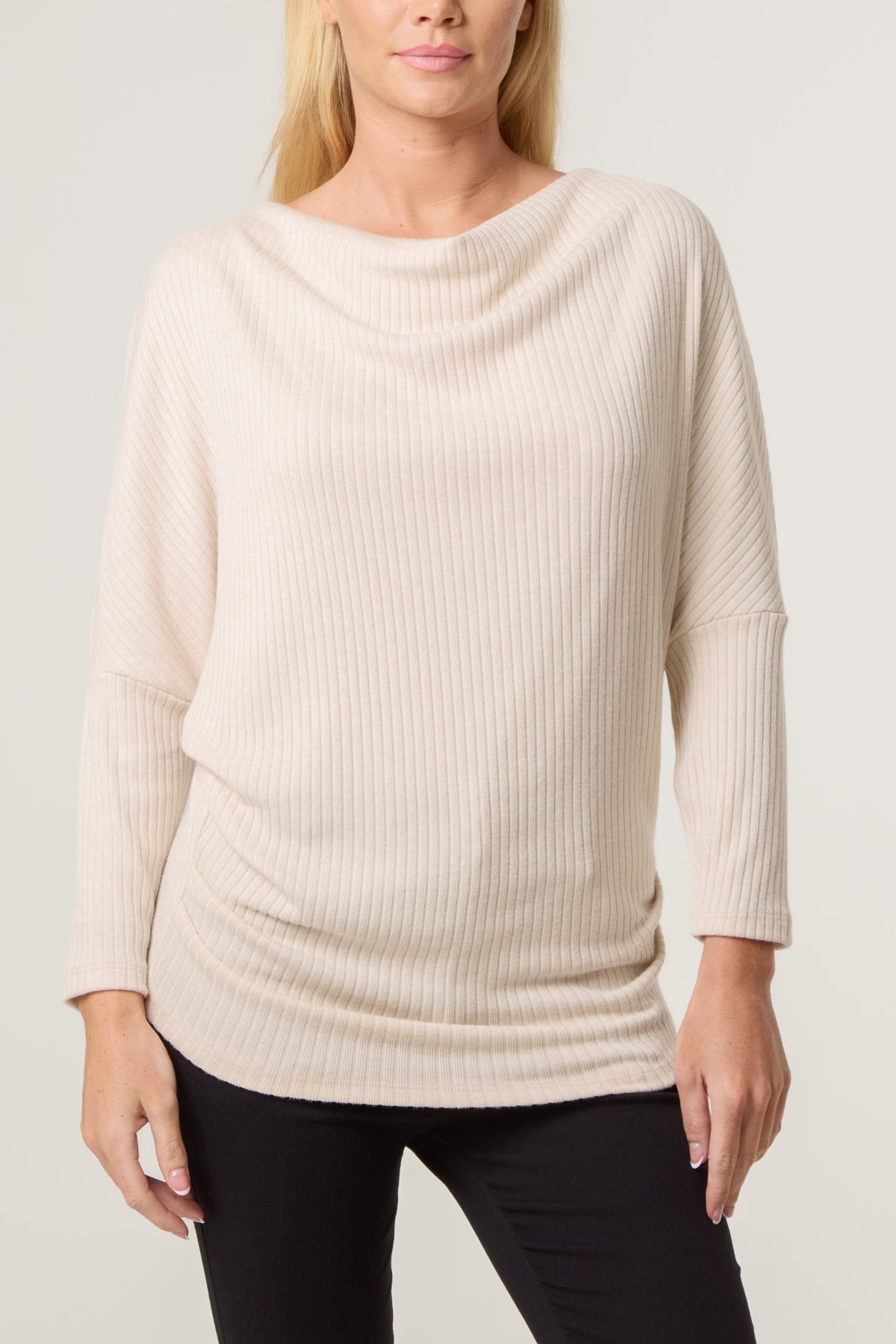 Ribbed Knit Cowl Neck Drape Top