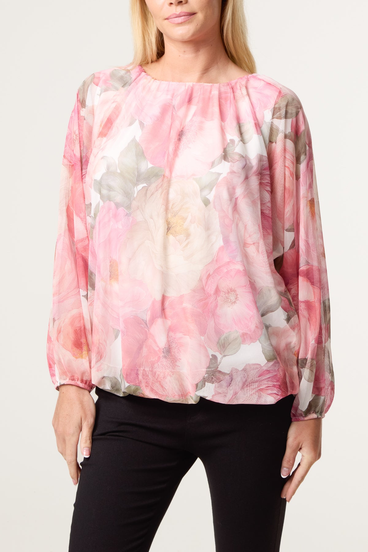 Floral Print Mesh Blouse