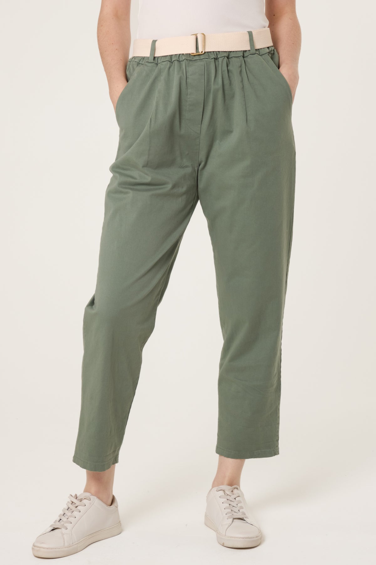 Cotton Blend Belted Straight Trousers