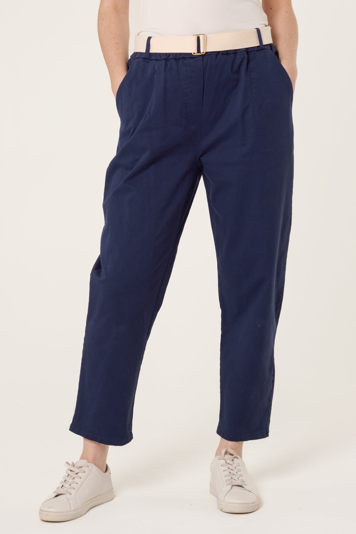 Cotton Blend Belted Straight Trousers