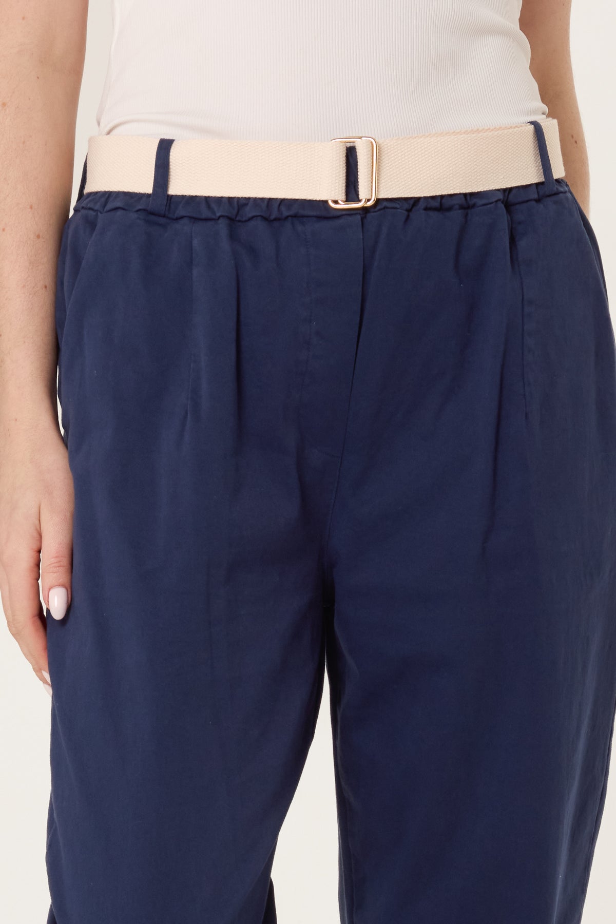 Cotton Blend Belted Straight Trousers