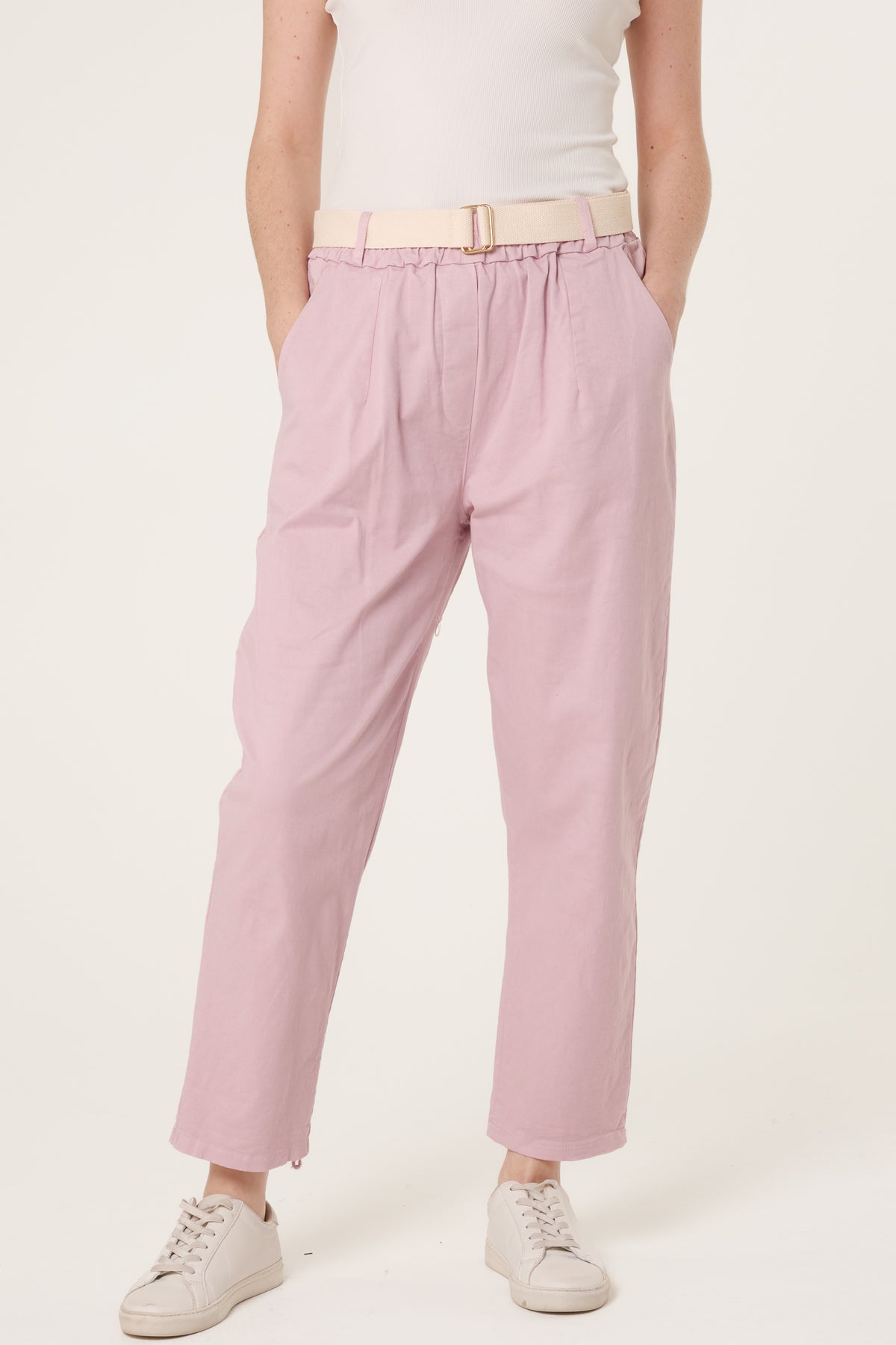 Cotton Blend Belted Straight Trousers