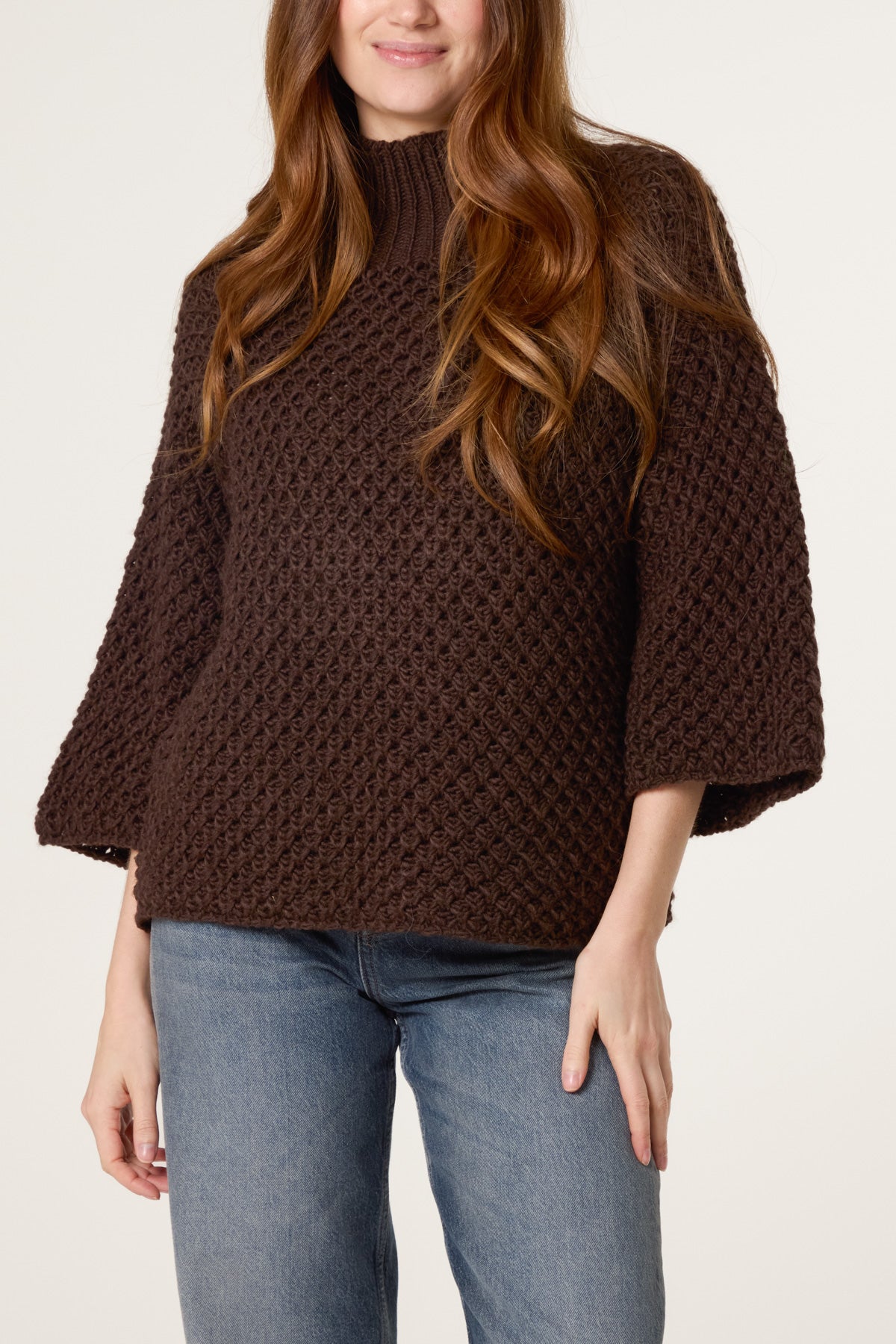 High Neck Crochet Chunky Knit Jumper