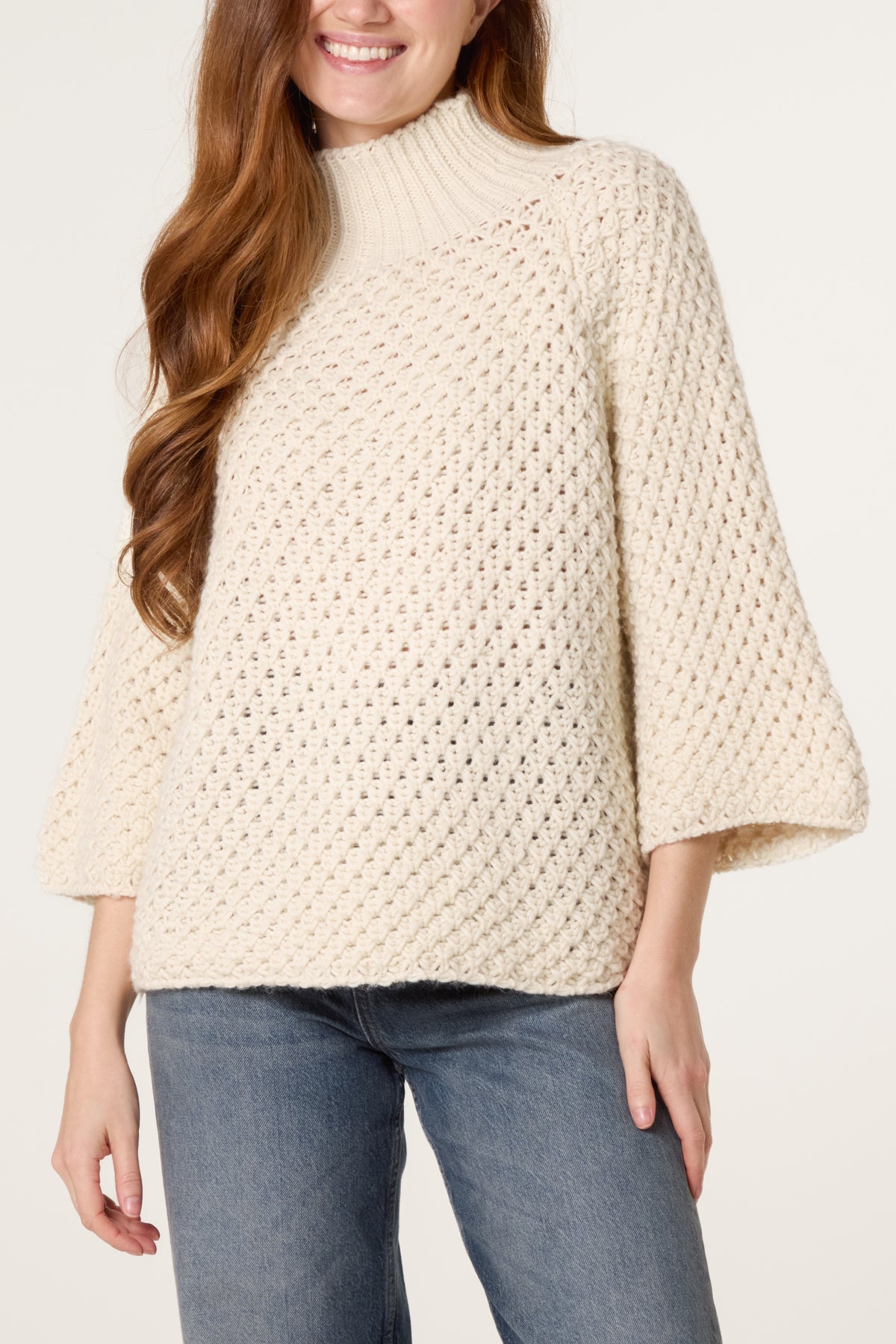 High Neck Crochet Chunky Knit Jumper