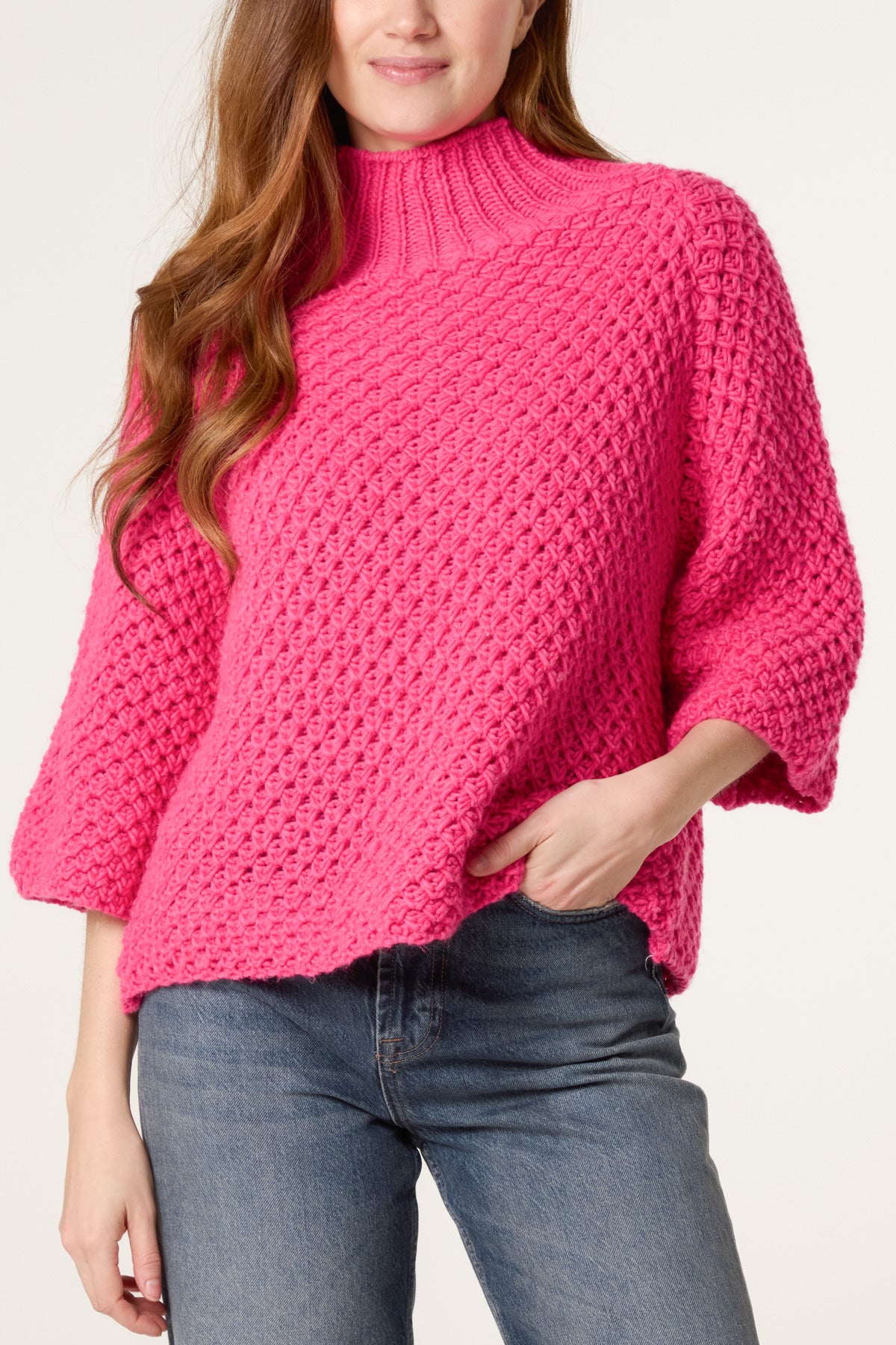 High Neck Crochet Chunky Knit Jumper