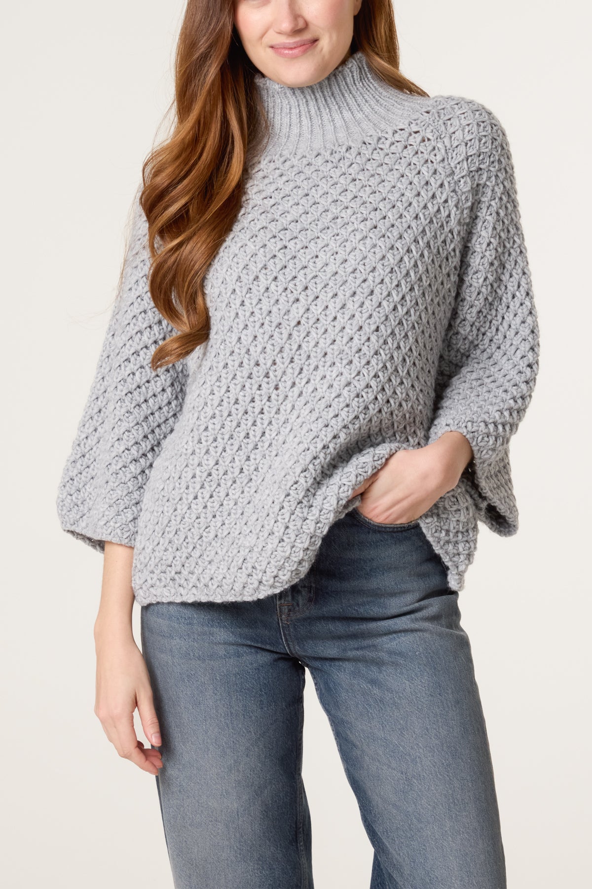 High Neck Crochet Chunky Knit Jumper
