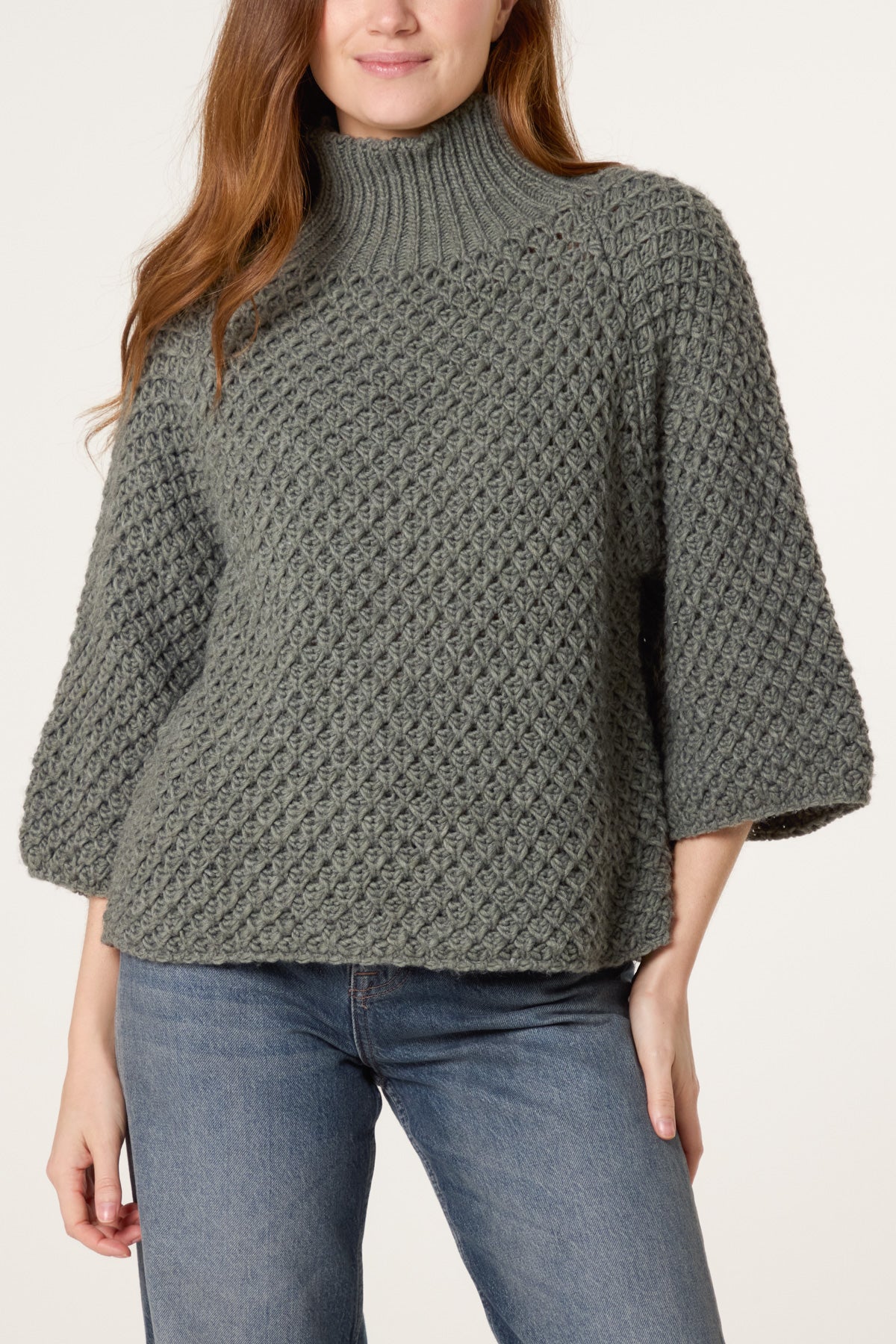 High Neck Crochet Chunky Knit Jumper