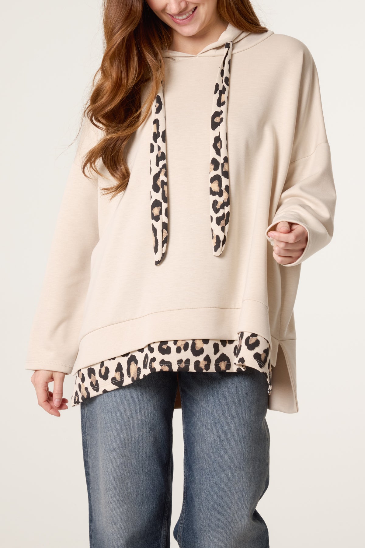 Leopard Trim Hooded Sweatshirt