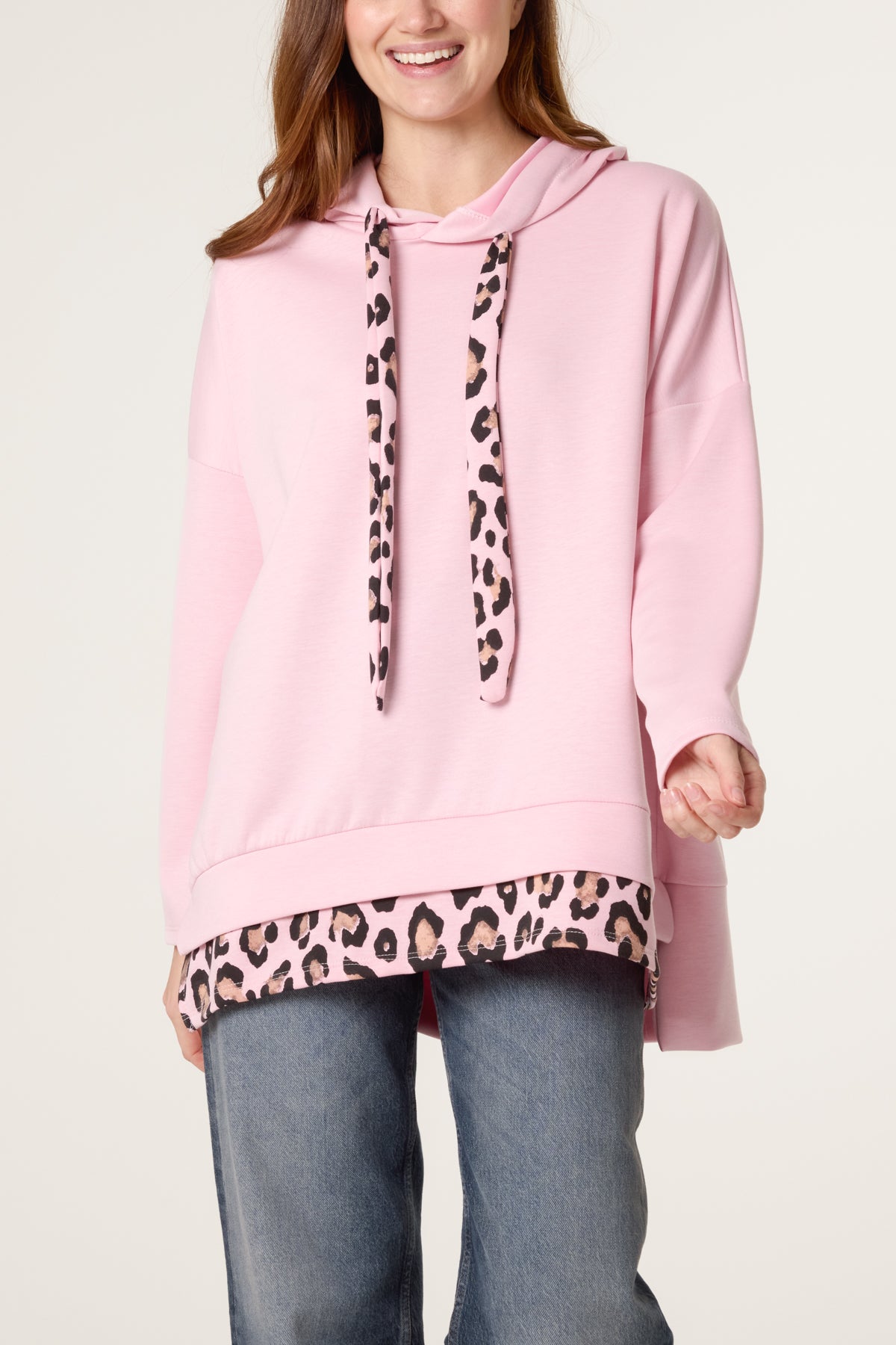 Leopard Trim Hooded Sweatshirt
