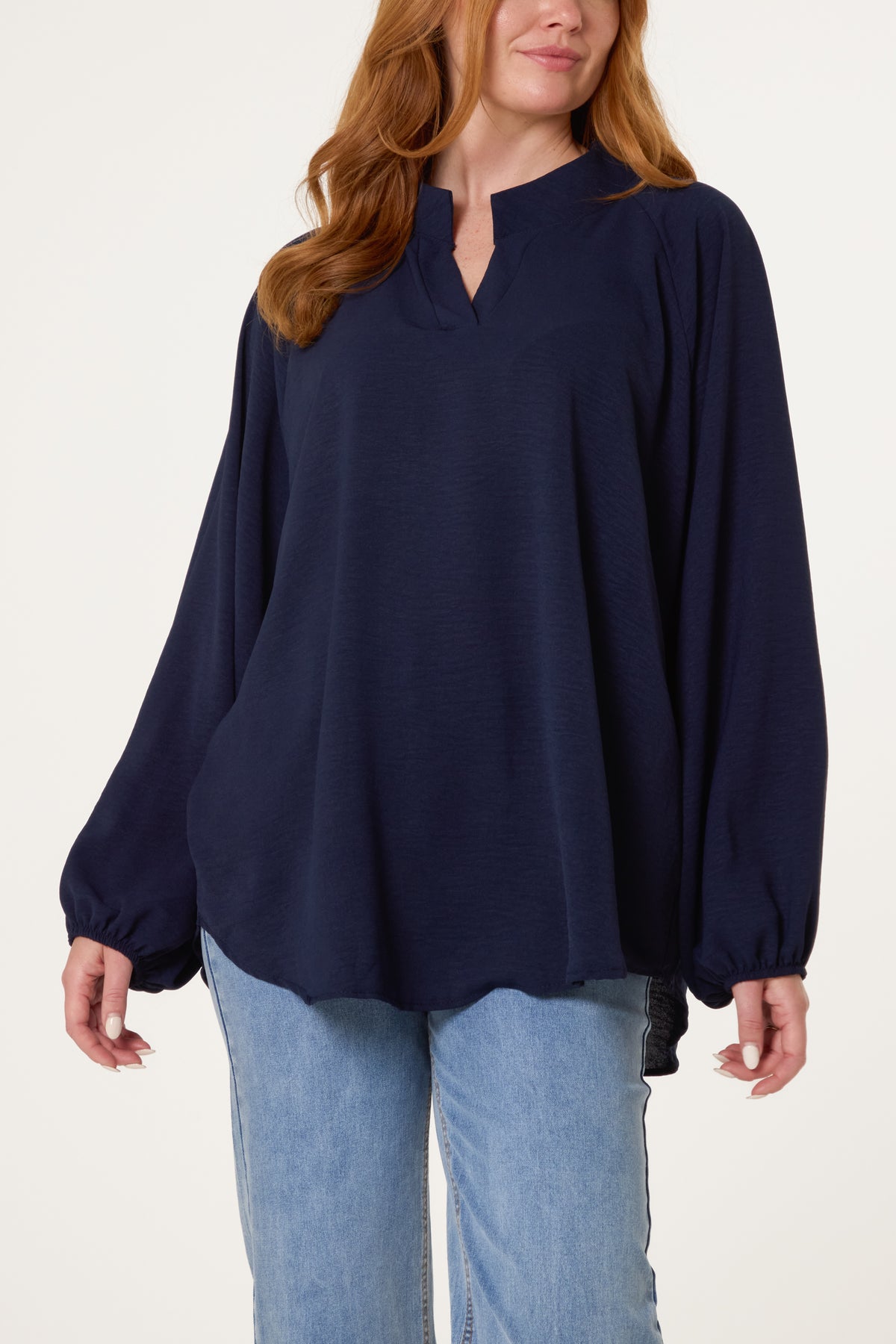 Collarless Balloon Sleeve Blouse