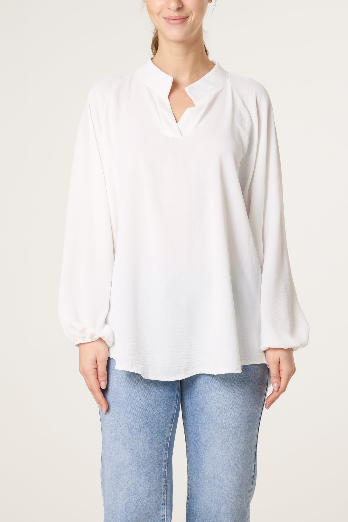Collarless Balloon Sleeve Blouse