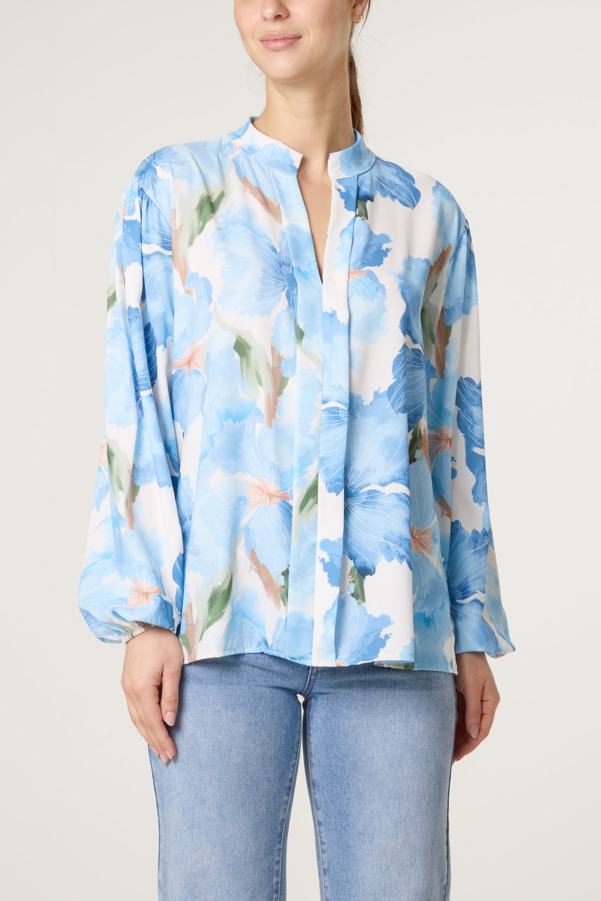 Floral Print Grandad Collar Blouse