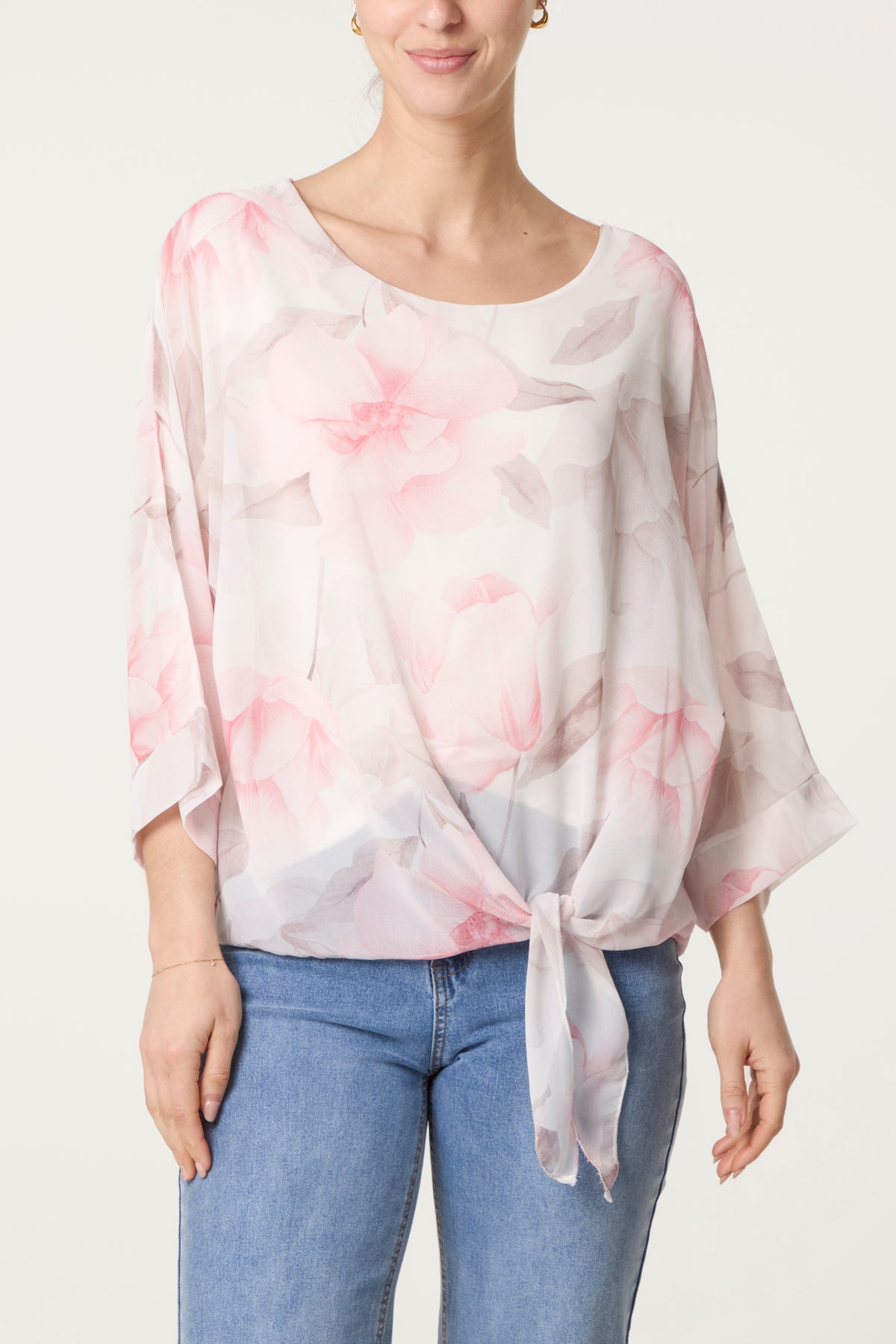 Floral Chiffon Front Knot Blouse