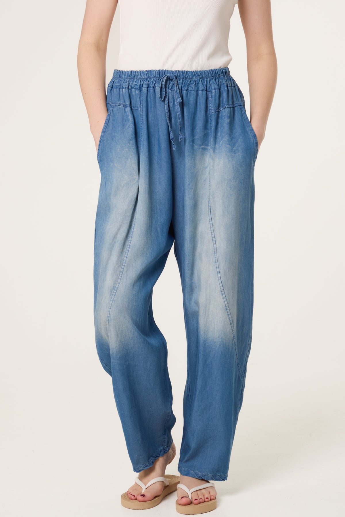Barrel Leg Washed Denim Trousers