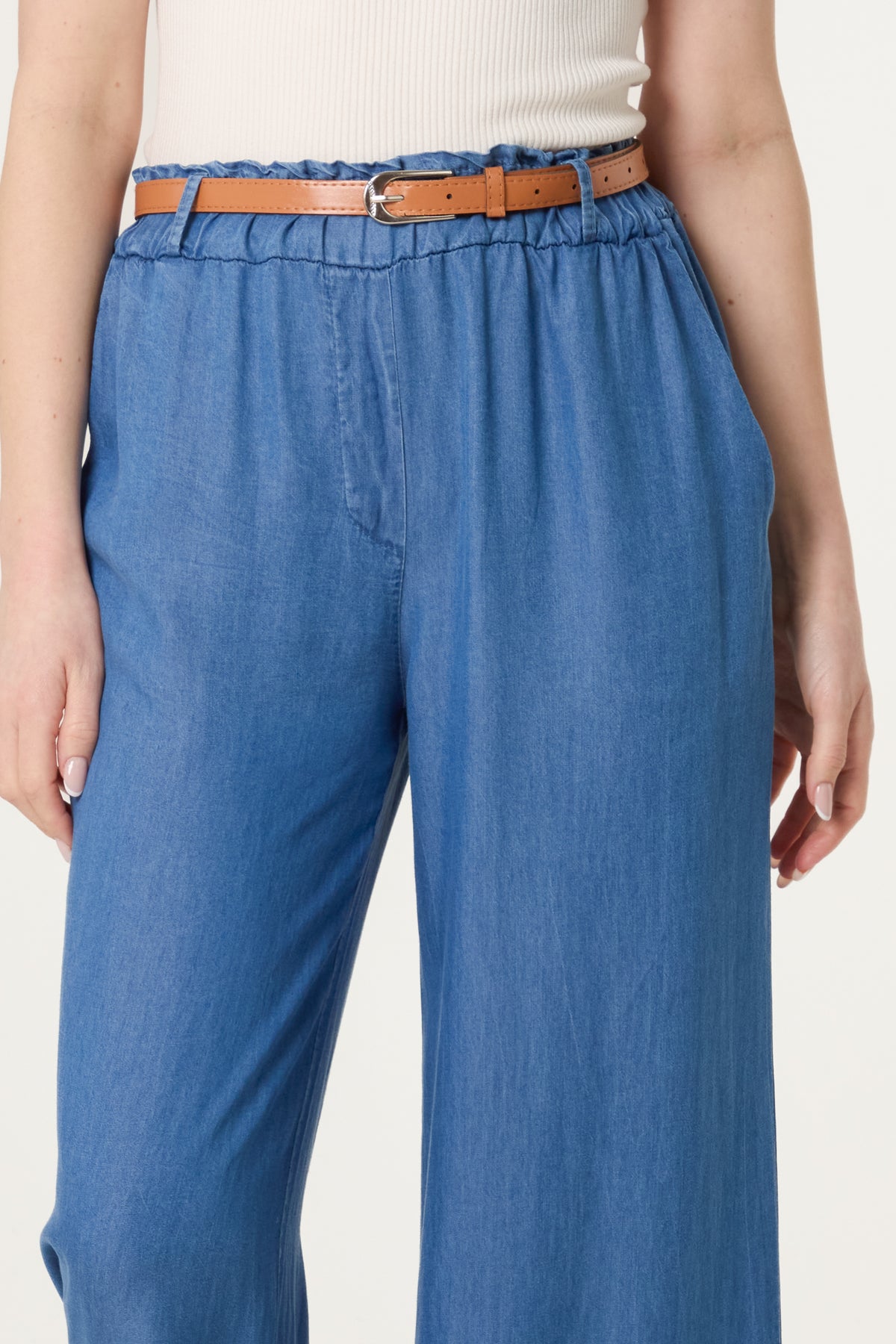 Belted Wide Leg Denim Trousers