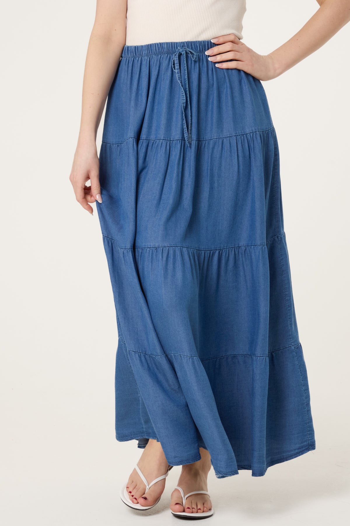 Tiered Denim Maxi Skirt