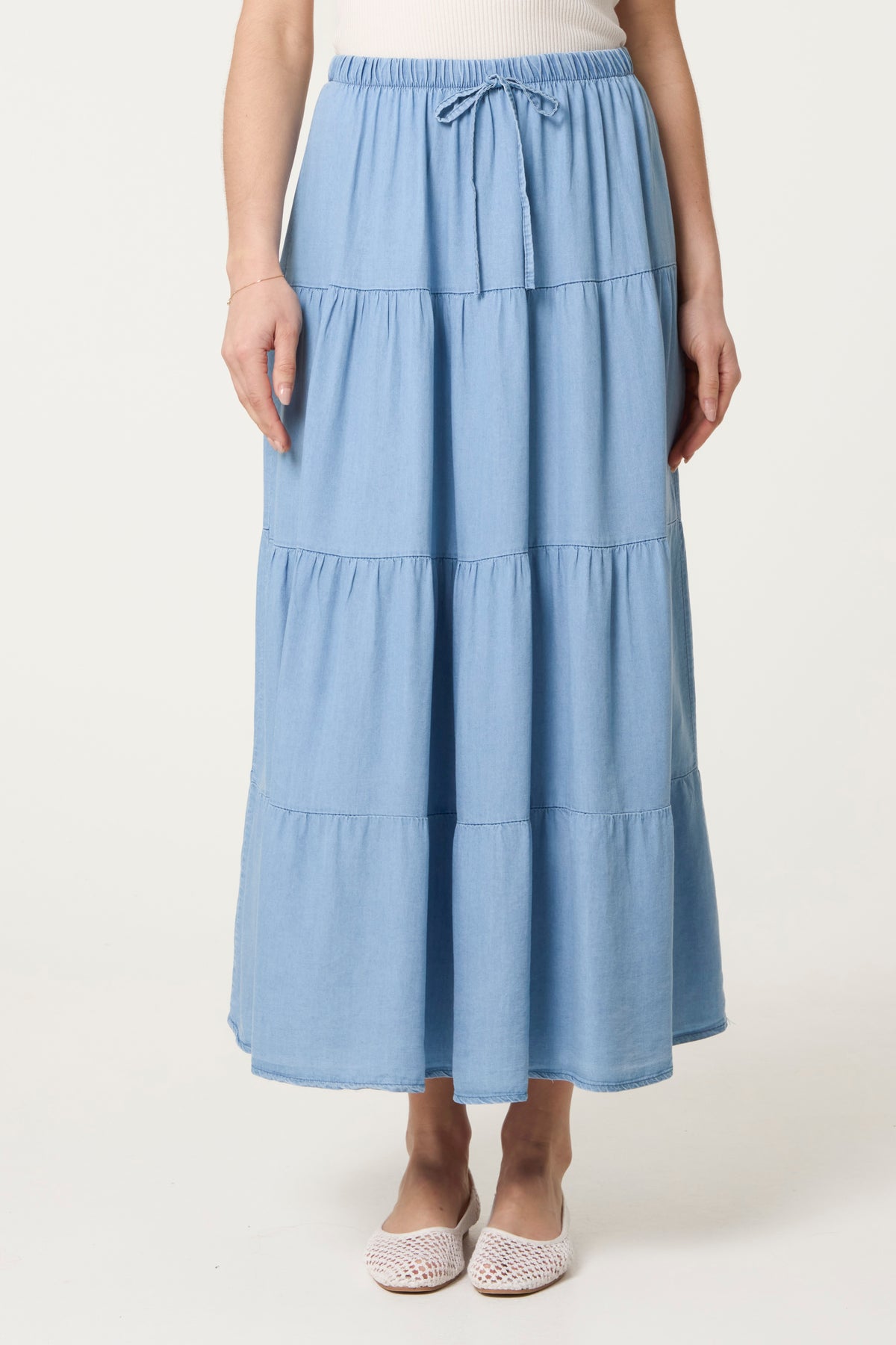 Tiered Denim Maxi Skirt