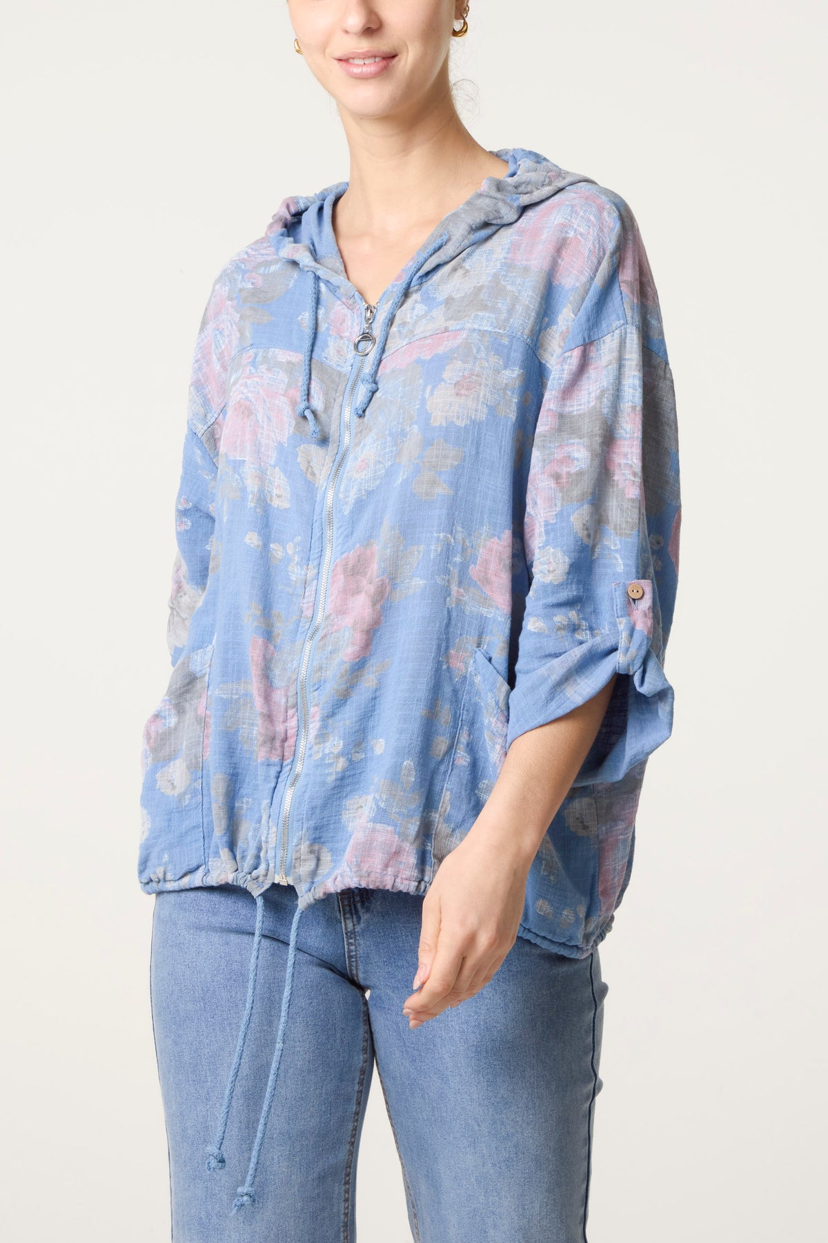 Roses Print Cotton Hooded Top