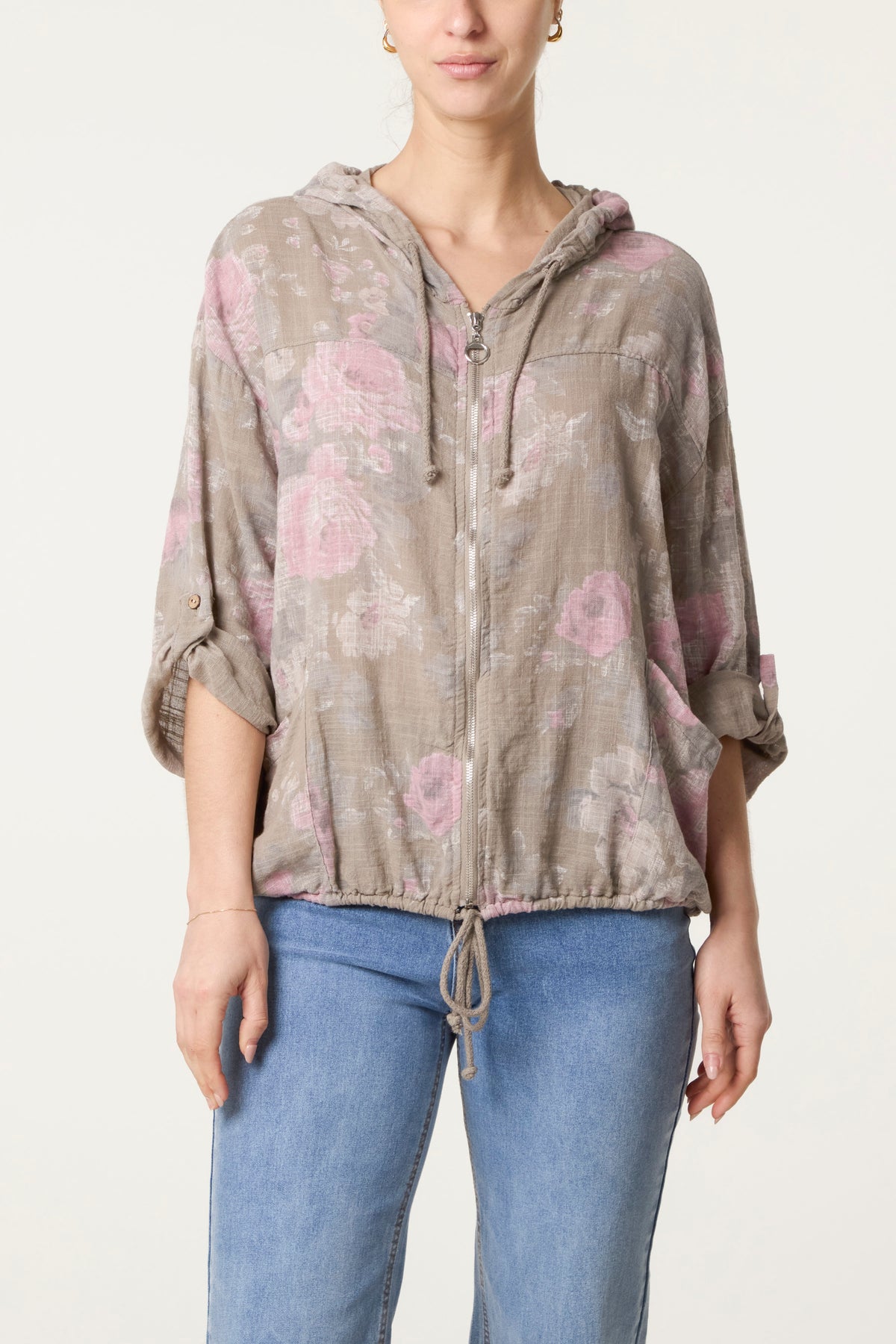Roses Print Cotton Hooded Top