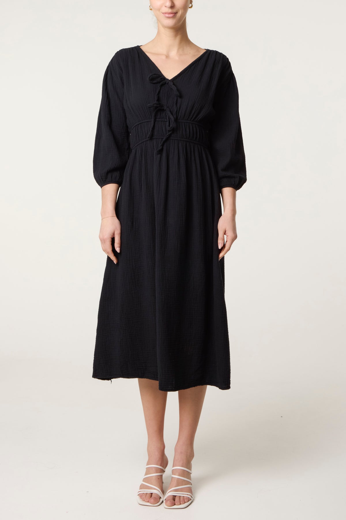 Cheesecloth Tied Front Midi Dress