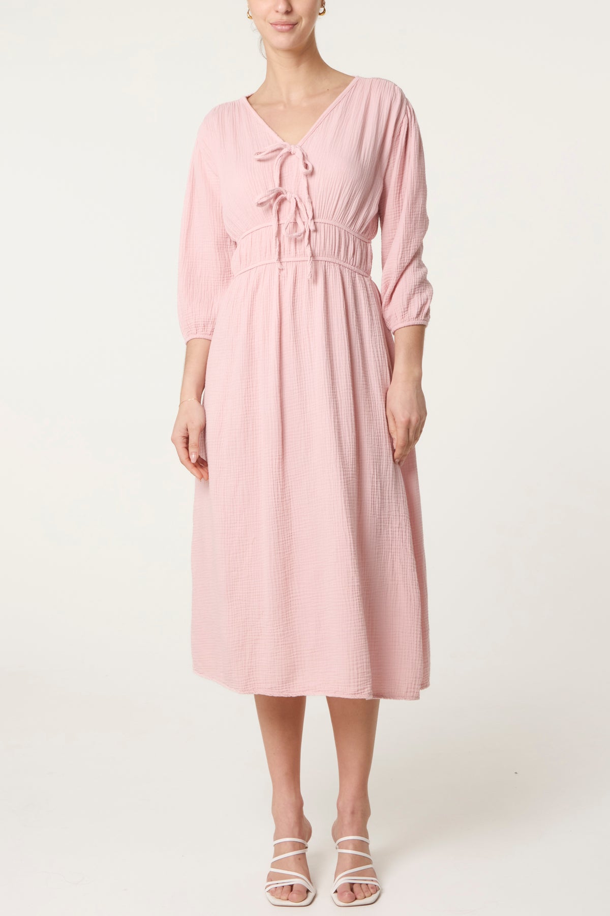 Cheesecloth Tied Front Midi Dress