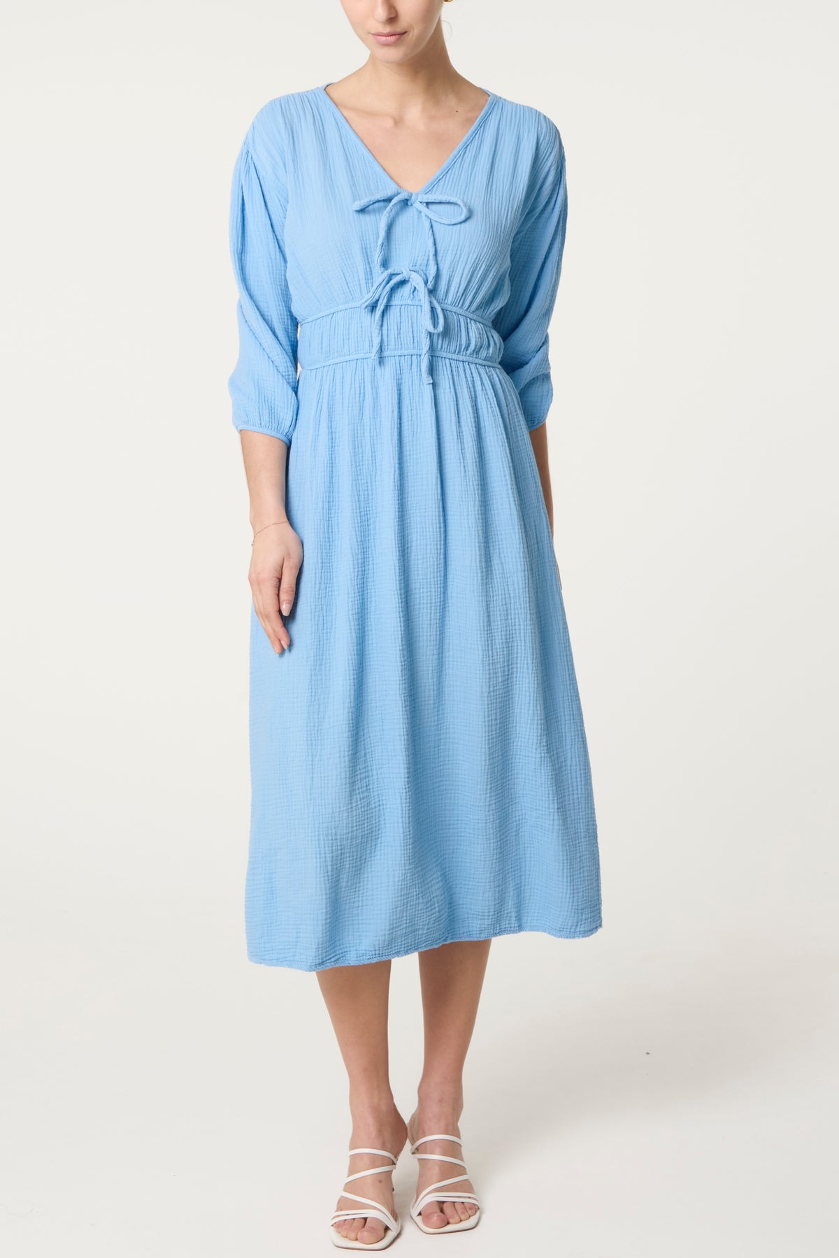 Cheesecloth Tied Front Midi Dress