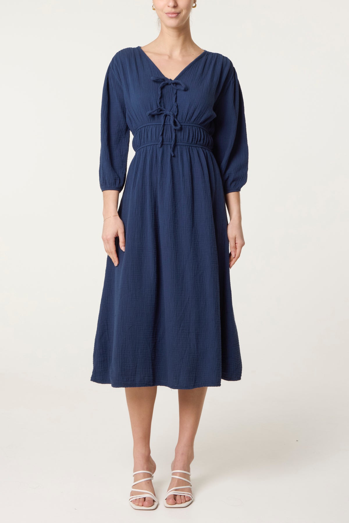 Cheesecloth Tied Front Midi Dress