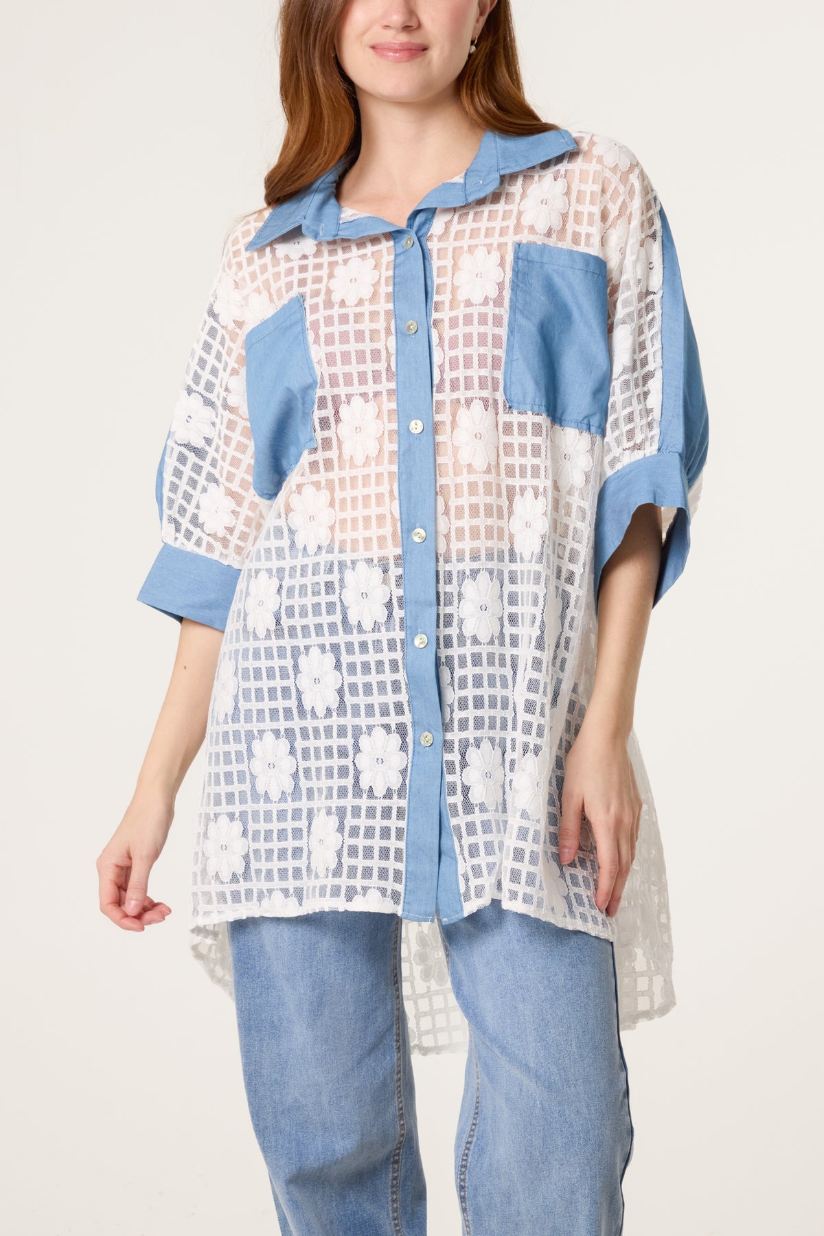 Floral Lace Shirt with Denim Details