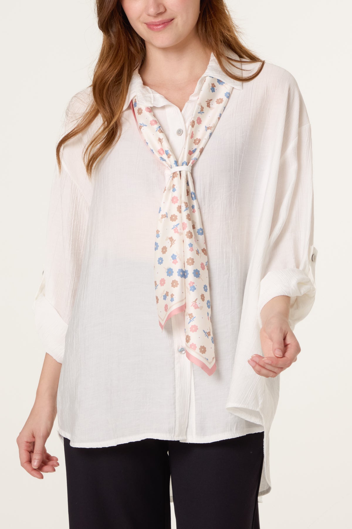 Scarf Crinkle Button Through Shirt