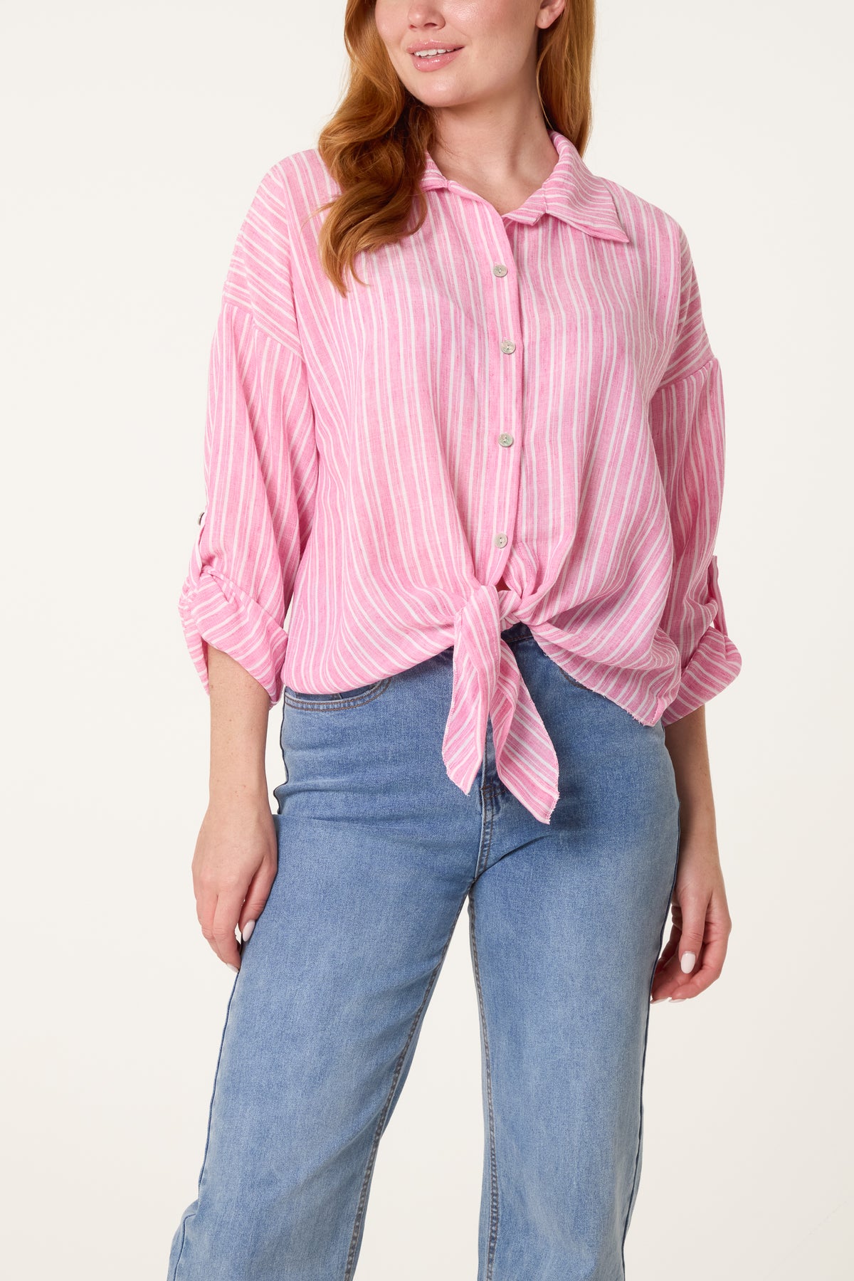 Cotton Blend Front Knot Striped Shirt