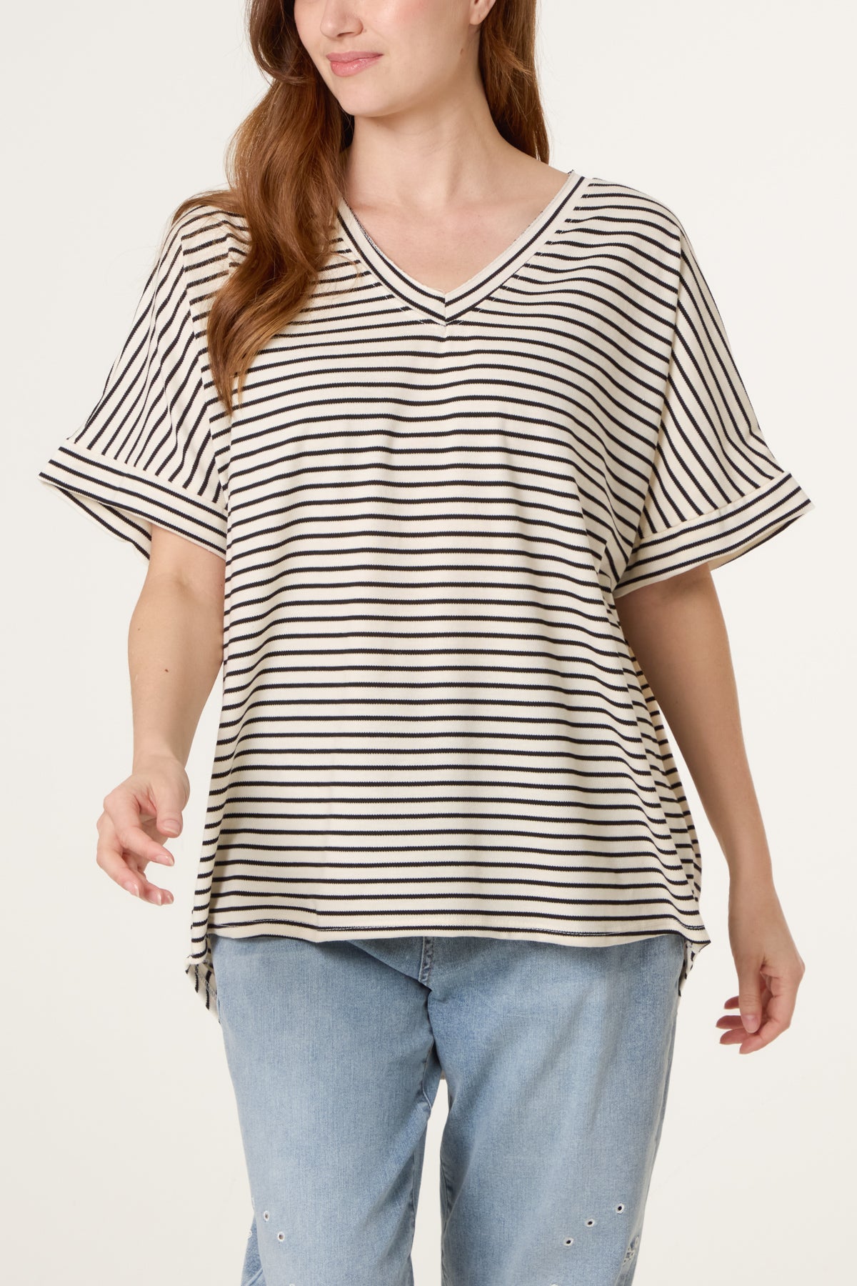 Pure Cotton V-Neck Stripe T-Shirt